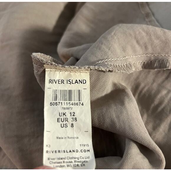 River Island Stone Drawstring Mini Dress 8 Sage Green Flowy Empire Waist Boho - Picture 12 of 13